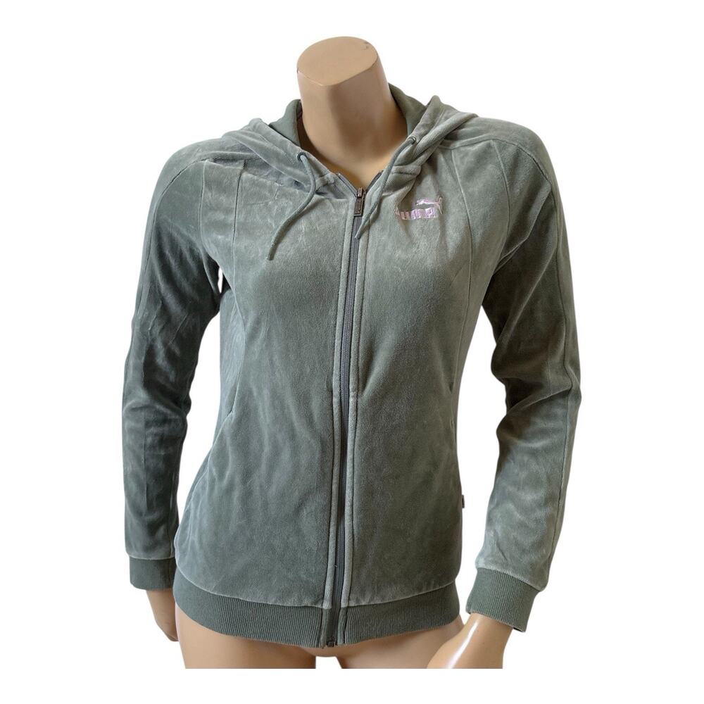 Puma Velour Hoodie Womens M Green Full Zip Embroidered Logo Y2K Track Jacket